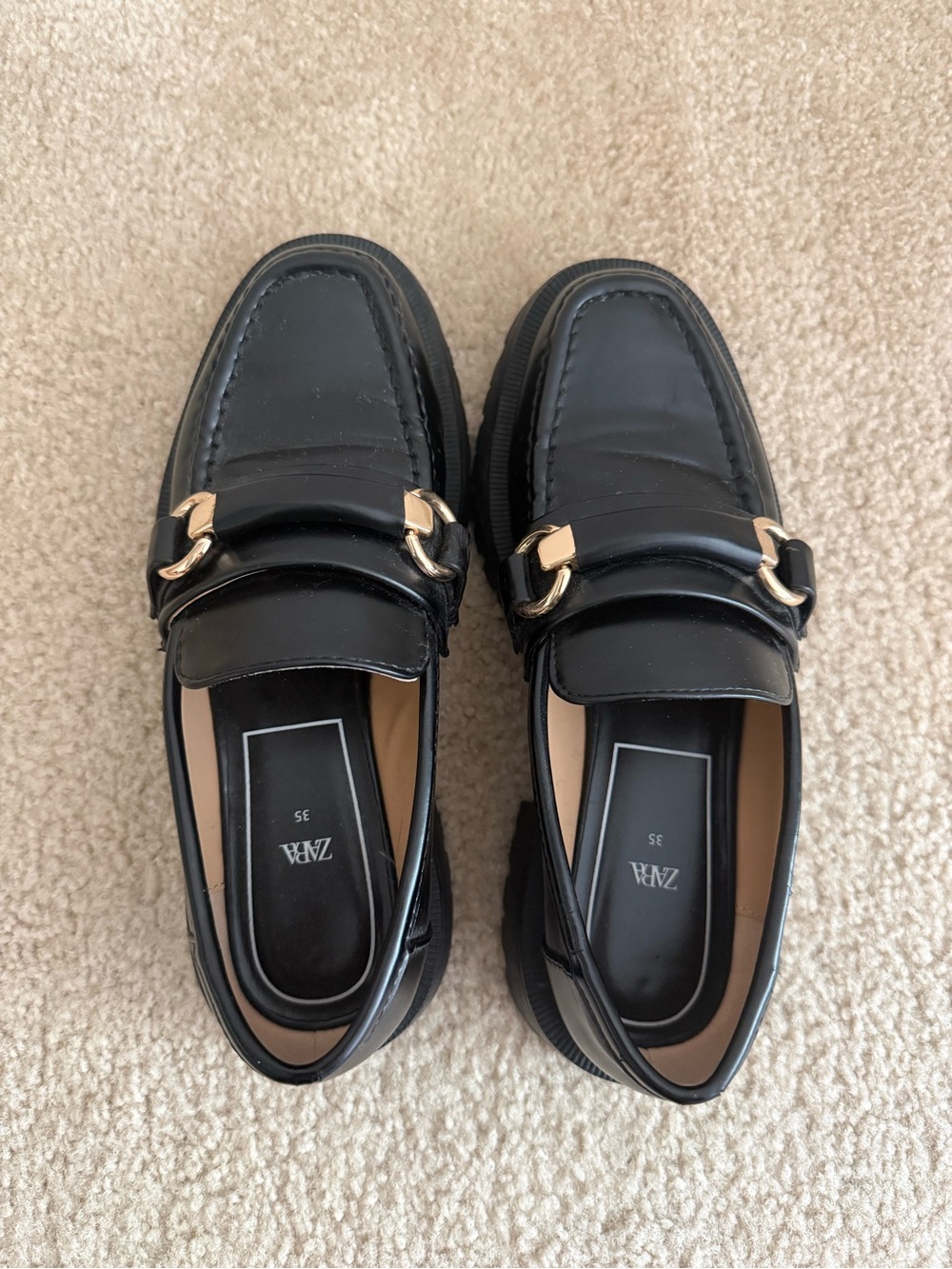 Zara Black Leather Loafers with Gold Bit